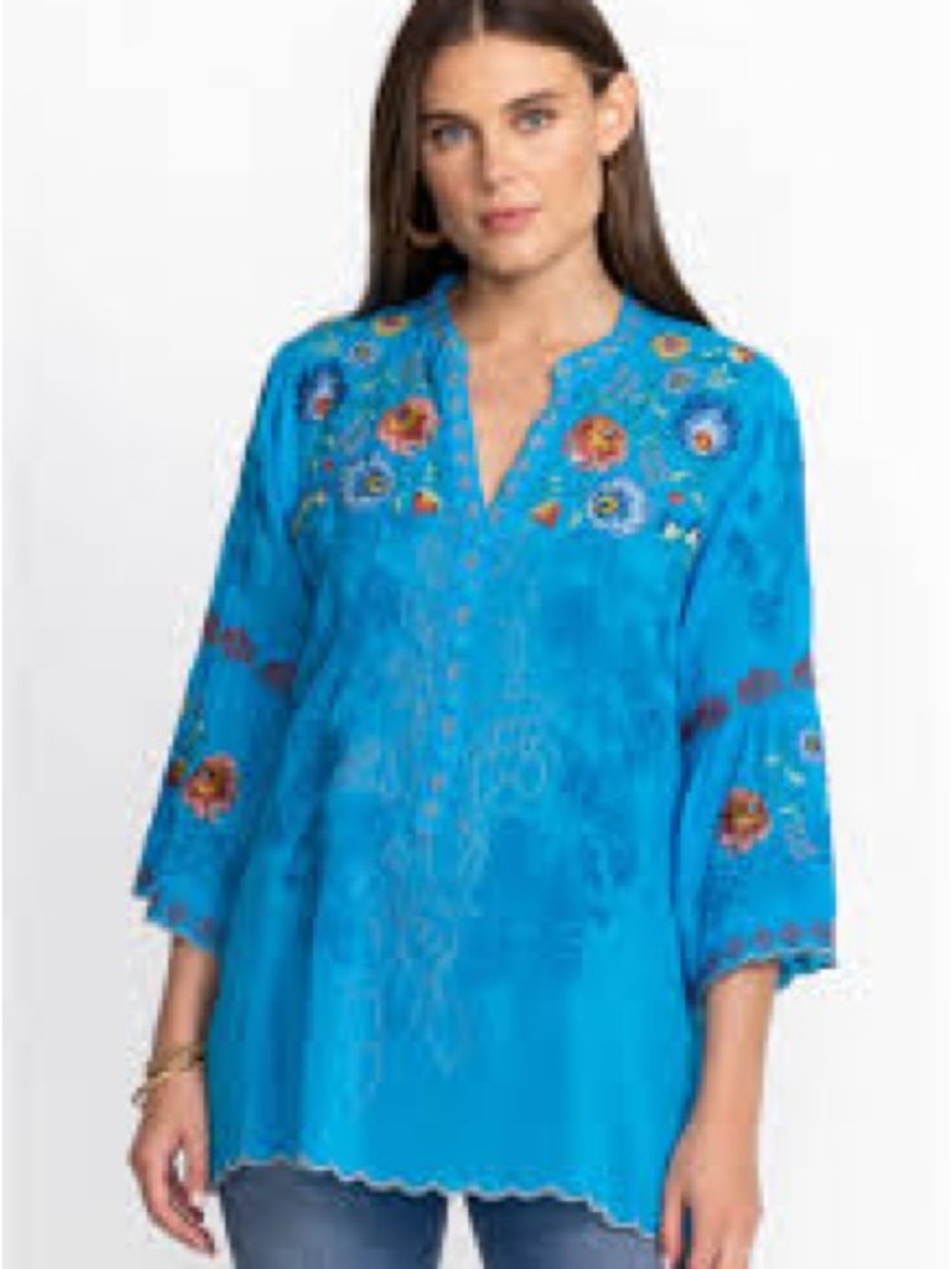 NWT Johnny Was Maverick Embroidered Floral Flower Blue Blouse Shirt Top Boho, M
